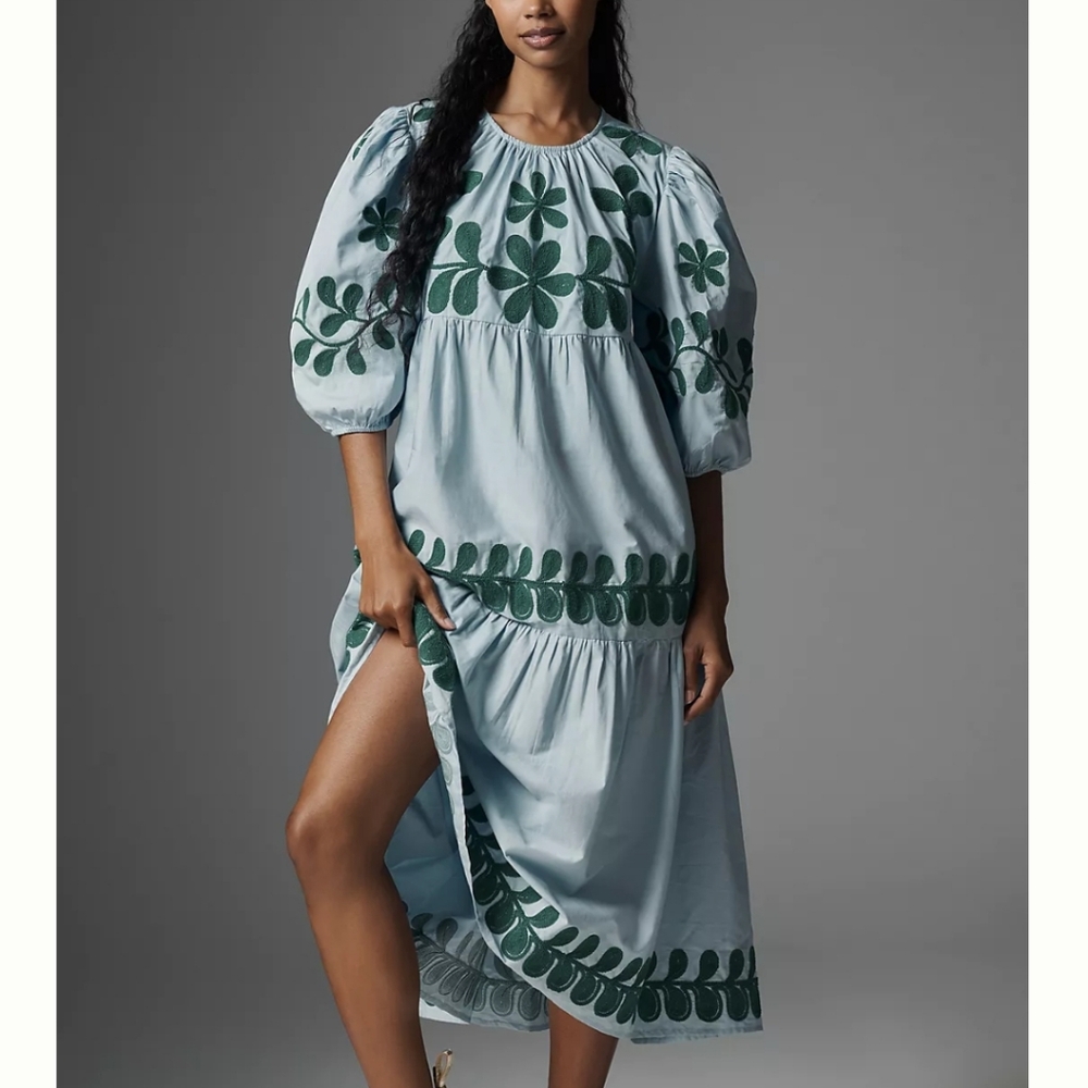 S/M Anthropologie Embroidered Puff Sleeve Midi Dress - Picture 7 of 7